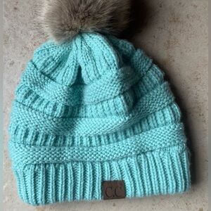 C.C. Exclusives Cozy Aqua Knit Pom-Pom Beanie